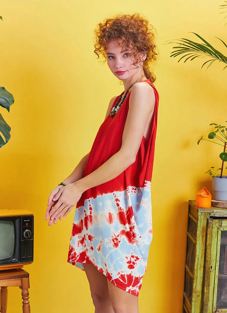 Bohem Stil Kısa Salaş Kırmızı Batik Tunik Elbise 5329