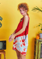 Bohem Stil Kısa Salaş Kırmızı Batik Tunik Elbise 5329