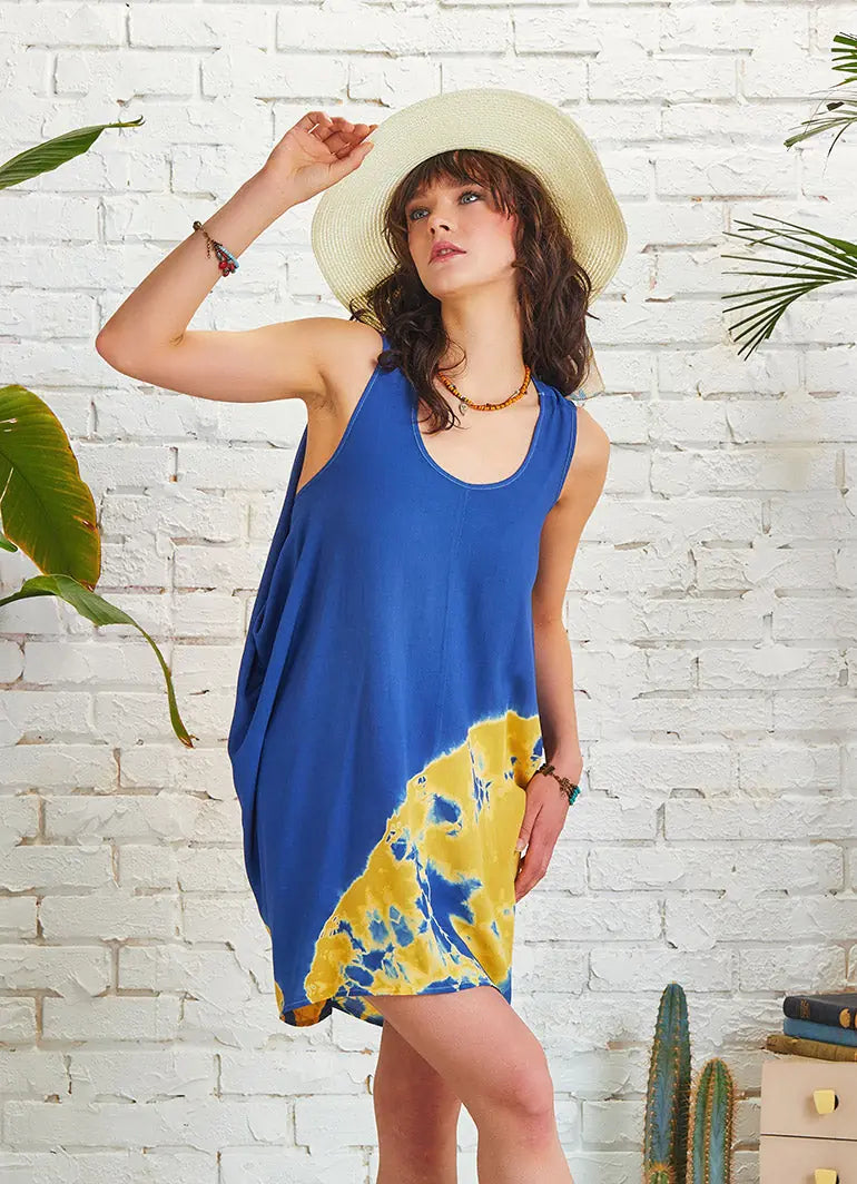 Bohem Stil Kısa Salaş Mavi Batik Tunik Elbise 5328
