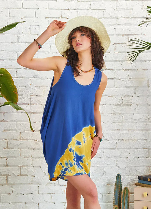 Bohem Stil Kısa Salaş Mavi Batik Tunik Elbise 5328