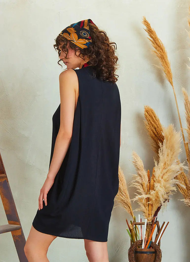 Bohem Stil Kısa Salaş Siyah Tunik Elbise 5253