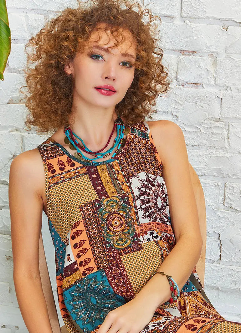 Kuş Gözü Sırt Detay Midi Patch Desenli Günlük Elbise 5274