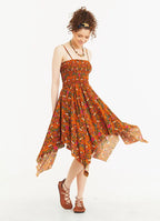 Mendil Etek İnce Askılı Salaş Hardal Çiçekli Elbise 5333