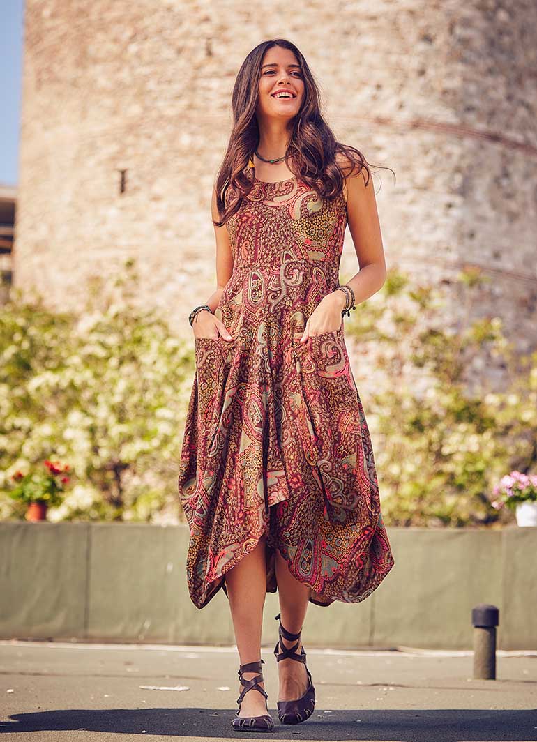Ethnic Patterned Boat Neck Asymmetric Cut Dress 1955