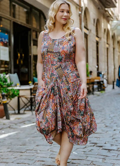 Authentic Patterned Lace-Up U-Neck Plus Size Dress 6552