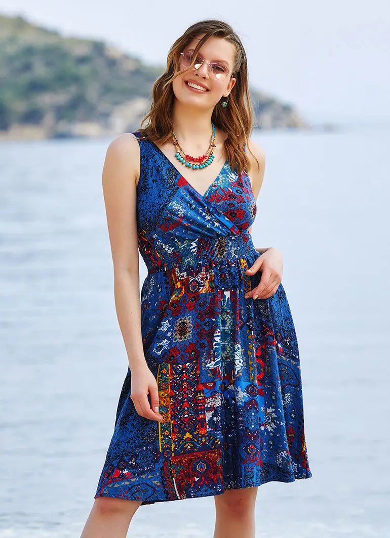 İndigo Bohem Tarz Kruvaze V Yaka Elbise 3225