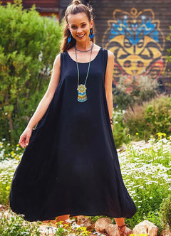 Boat Neck Button Detail Pocketed Casual Black Dress 355