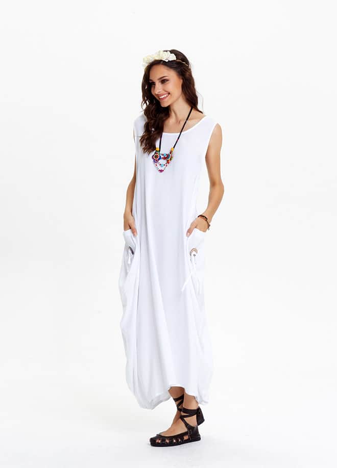 Scoop Neck Draped Sleeveless White Harem Jumpsuit Dress 570