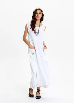 Scoop Neck Draped Sleeveless White Harem Jumpsuit Dress 570