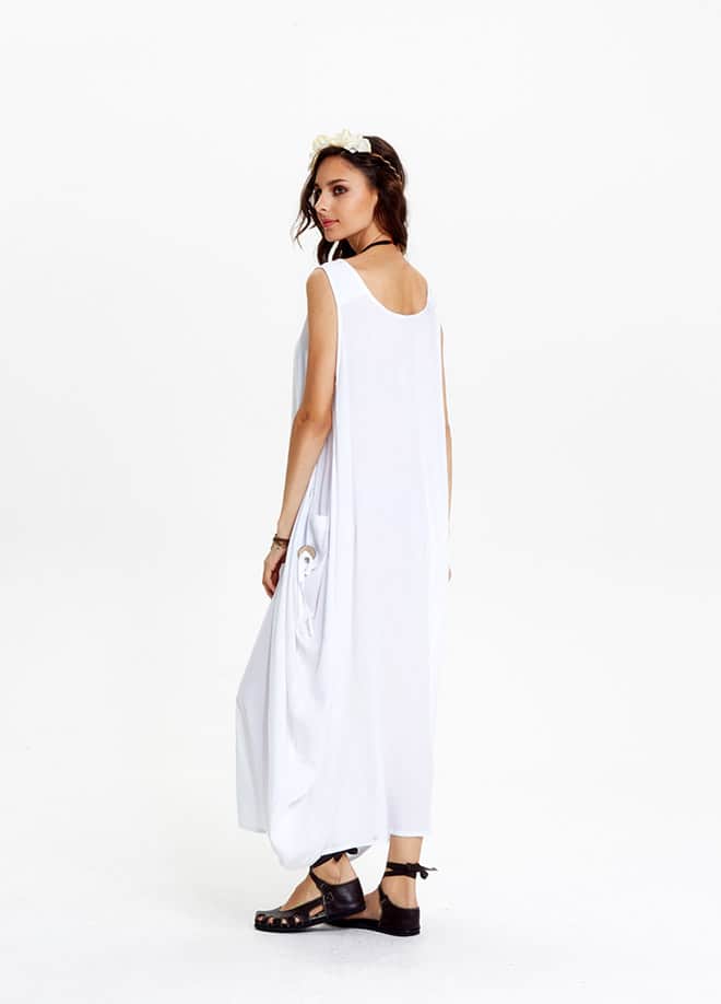 Scoop Neck Draped Sleeveless White Harem Jumpsuit Dress 570