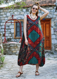 Black Patterned Bohemian Boat Neck Pocketed Long Casual Dress 3350