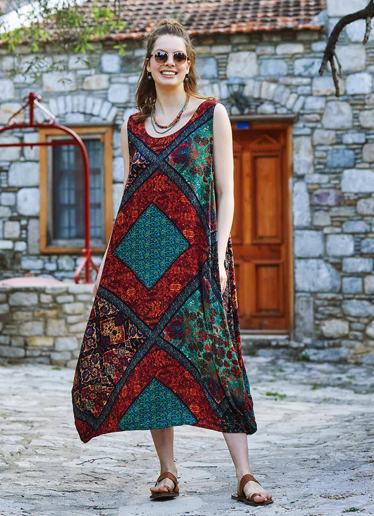 Siyah Desenli Bohem Kayık Yaka Cepli Uzun Günlük Elbise 3350