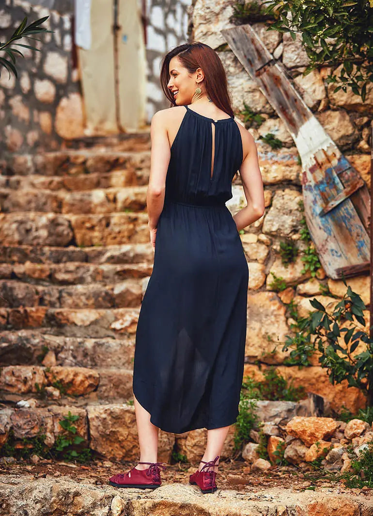 Bohem Halter Yaka Anvelop Askılı Siyah Elbise 336
