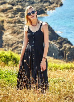 Bohemian Style Wide Strap Button Detail Black Dress 2006
