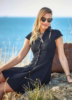 Shirt Collar Front Button Short Sleeve Flared Dress 2036