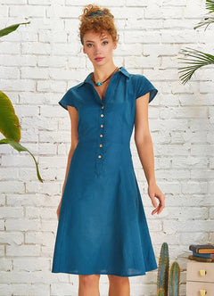 Shirt Collar Front Button Short Sleeve Flared Petrol Dress 5125