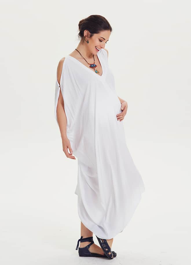 Boat Neck Off-the-Shoulder White Maternity Dress 1371