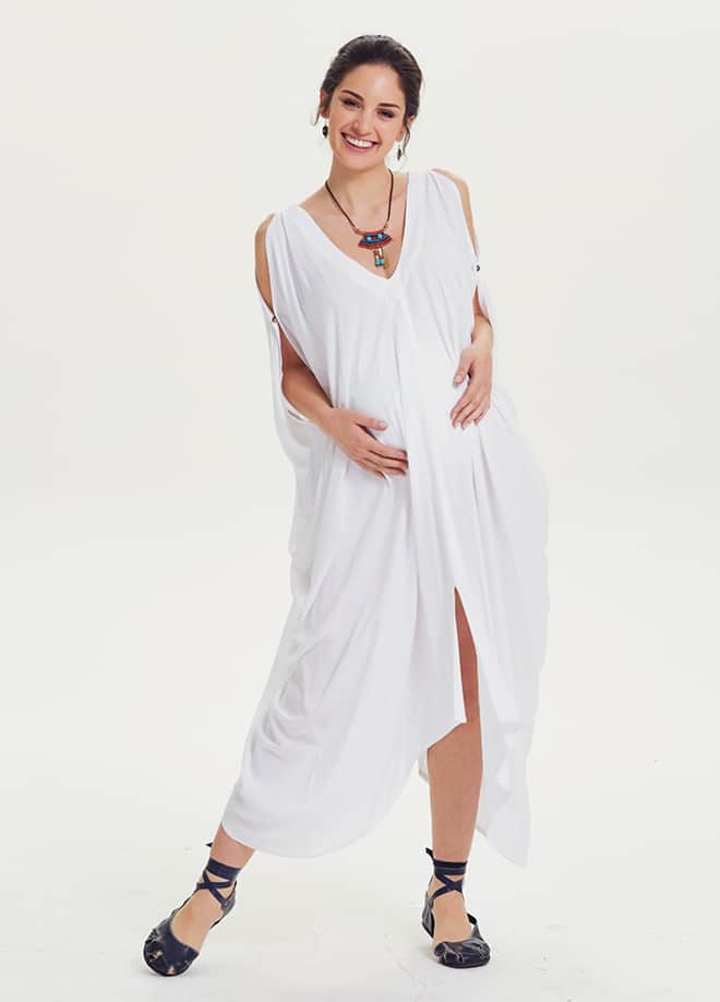 Boat Neck Off-the-Shoulder White Maternity Dress 1371