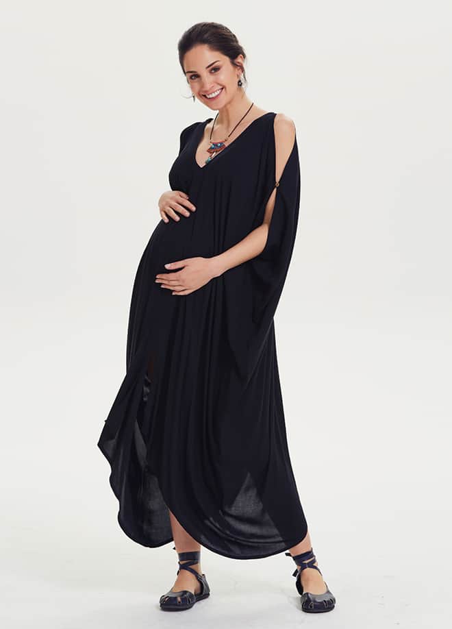 Boat Neck Off-the-Shoulder Black Maternity Dress 1372
