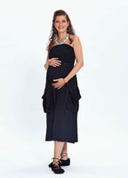 Black Maternity Dress with Flared Strapless Neckline and Pockets 749