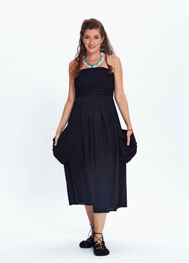 Black Maternity Dress with Flared Strapless Neckline and Pockets 749