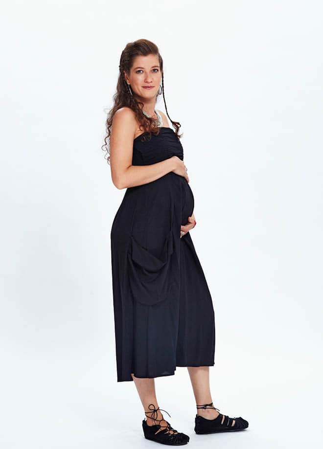 Black Maternity Dress with Flared Strapless Neckline and Pockets 749