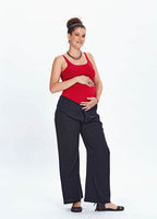 Relaxed Fit Tie-Waist Black Maternity Pants 732