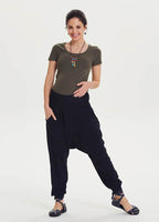 Ethnic Pattern Smocked Waist Black Maternity Harem Pants 1405