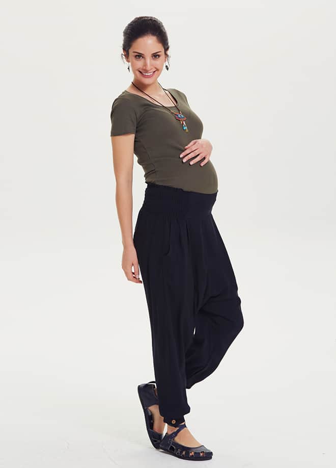 Ethnic Pattern Smocked Waist Black Maternity Harem Pants 1405