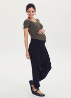 Ethnic Pattern Smocked Waist Black Maternity Harem Pants 1405