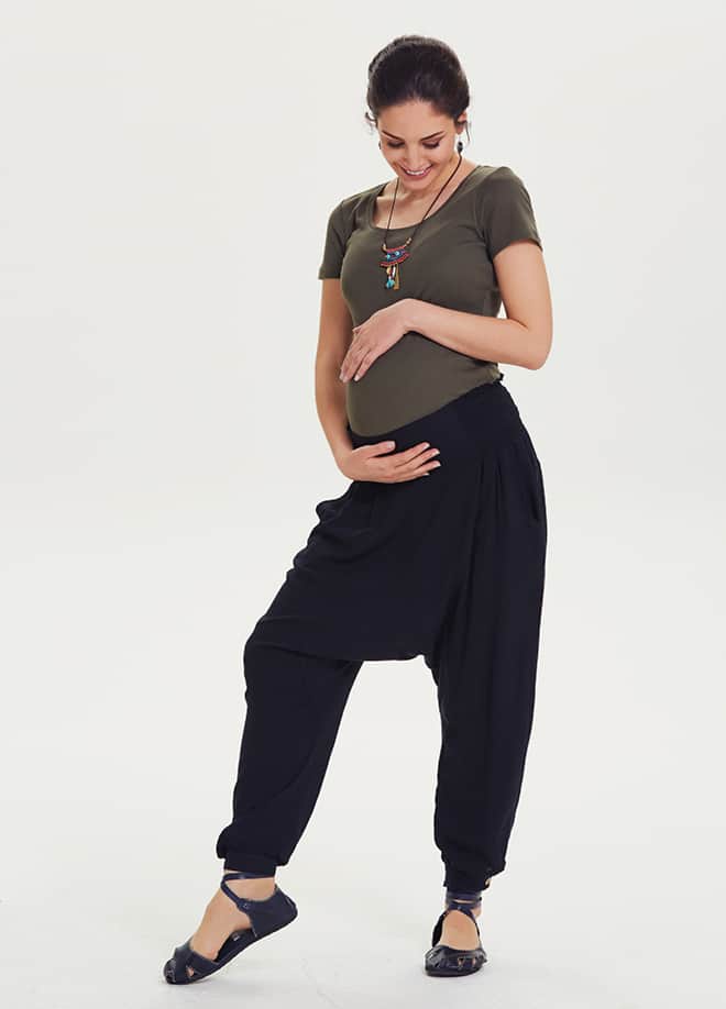 Ethnic Pattern Smocked Waist Black Maternity Harem Pants 1405