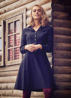 Button-Down Long Sleeve Knee-Length Black Shirt Dress 2084