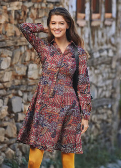 Plum Patterned Long Sleeve Knee-Length Shirt Dress 4817