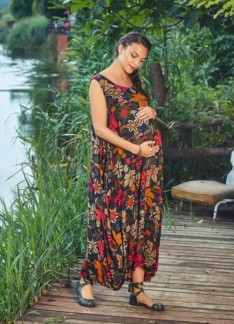 Çiçek Desen Kayık Yaka Kolsuz Siyah Hamile Elbise 1367