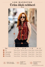 Cross-Button Striped Sleeveless Red Blouse 420