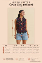 Mandarin Collar Cross-Button Black Floral Blouse 7220