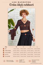 Coffee Patterned Spanish Sleeve Crop Blouse 5297