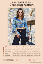 Blue Patterned Bell Sleeve Crop Blouse 3191