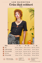 Bohemian Style Ruffled Black V-Neck Blouse with Birdseye Back Detail 5161