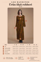 Patterned Boat Neck Belted Khaki Bell Sleeve Women's Dress 6619