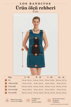 U-Neck Cat Patterned Button Detail Petrol Casual Dress 6822