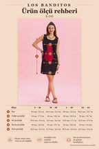 U-Neck Cat Motif Button-Detail Black Bohemian Dress 6823