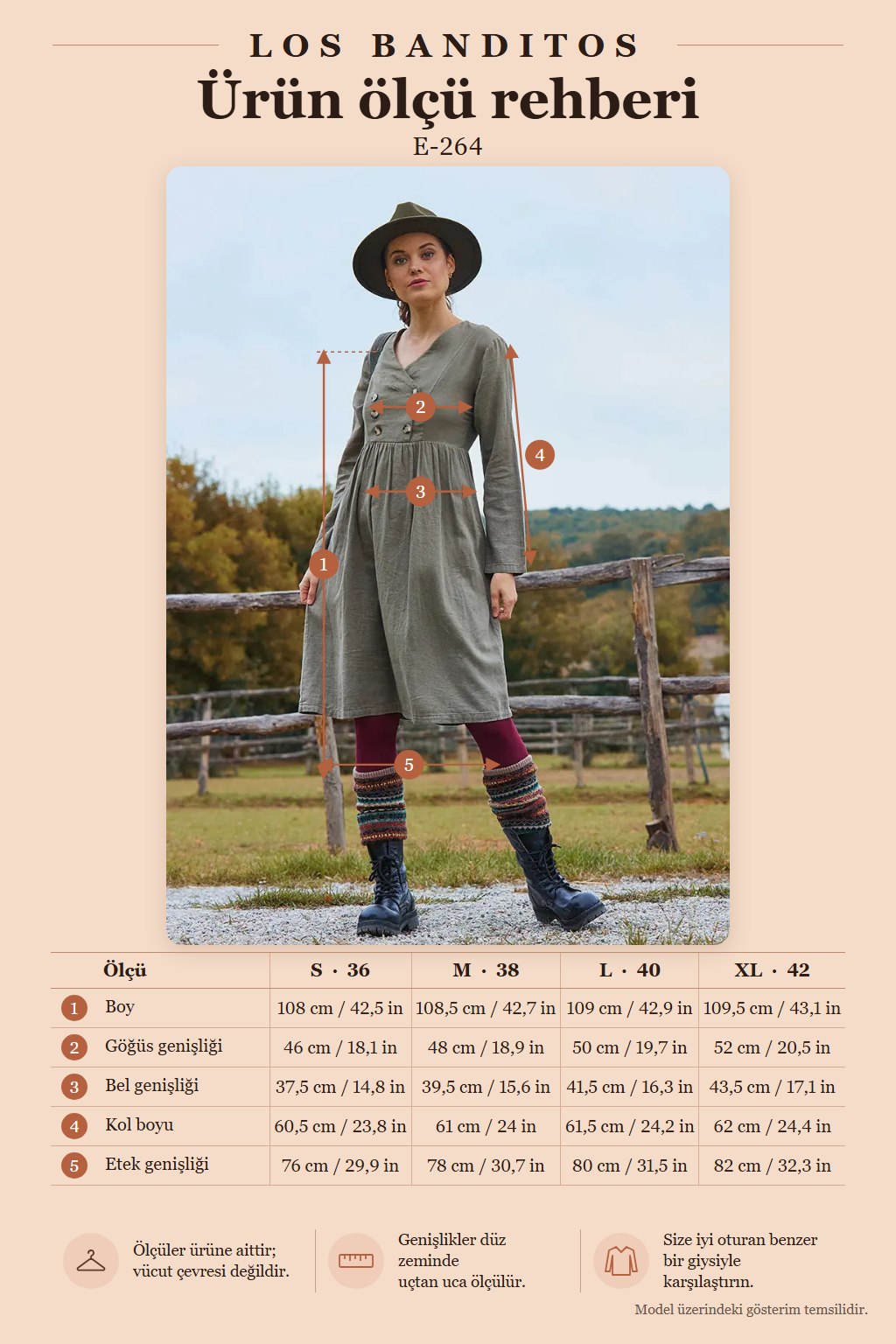 V-Neck Button Detailed Zipper Closure Khaki Winter Dress 7067