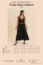Wide Neck Front Lace-Up Black Maxi Dress 7153