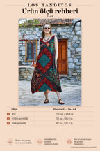 Black Patterned Bohemian Boat Neck Pocketed Long Casual Dress 3350