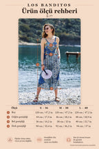 Bohemian Style Buttoned Wide Strap Long Blue Patterned Dress 3422