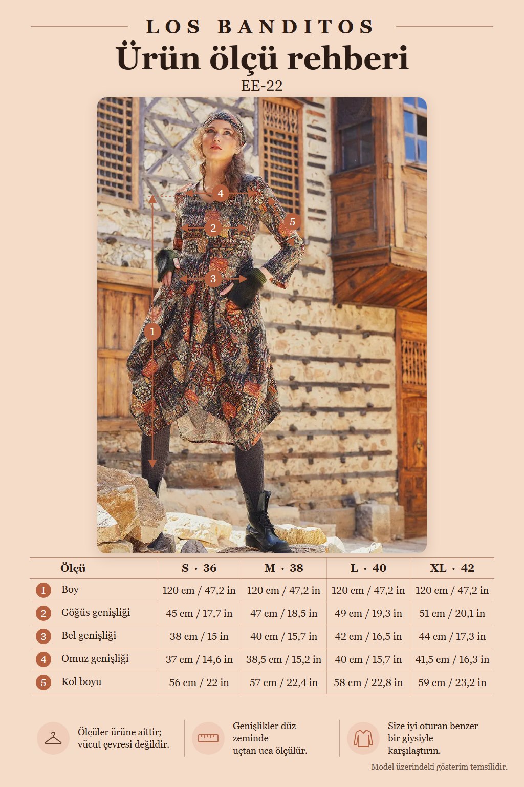 Khaki Patterned Deep V-Neck Long Sleeve Dress 5077
