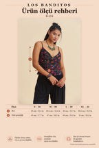 V-Neck Spaghetti Strap Black Floral Blouse 7337