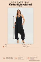 Halter Neck Black Women's Bohemian Jumpsuit with Elasticated Cuffs 6803