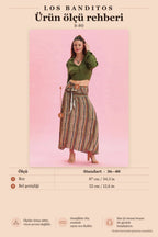 Smocked Waist Tie-Detail Khaki Patterned Long Skirt 6828